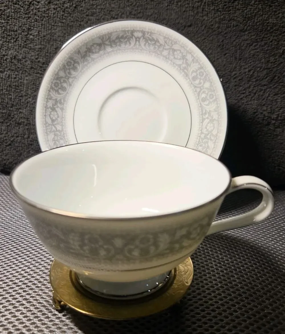 Noritake China Naples 6975 Cup & Saucer Gray Floral Trim